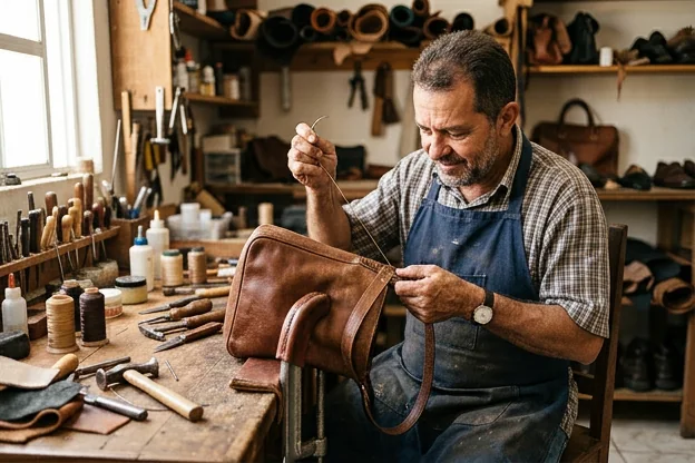 Profissional reformando uma bolsa de couro em Garanhuns.
