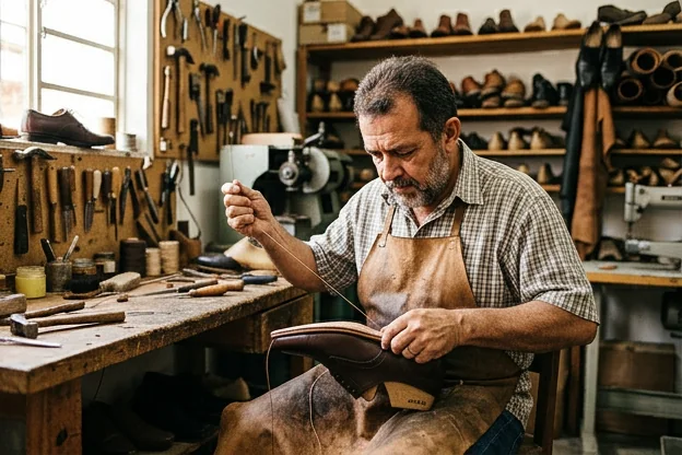 Sapateiro ajustando um sapato social em Garanhuns.