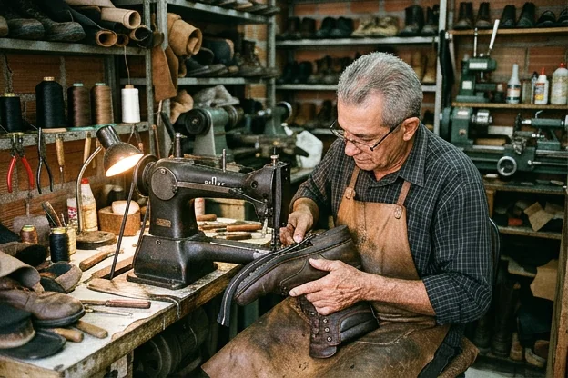 Sapateiro consertando o zíper de uma bota em Garanhuns.
