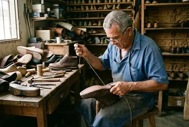 Sapateiro costurando um calçado em Garanhuns.